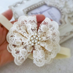 Baby Baptism Headband, Baby Lace Headband in Vintage Ivory, Baby Christening Headband with Lace Bow and Pearls, Baby Gift image 9