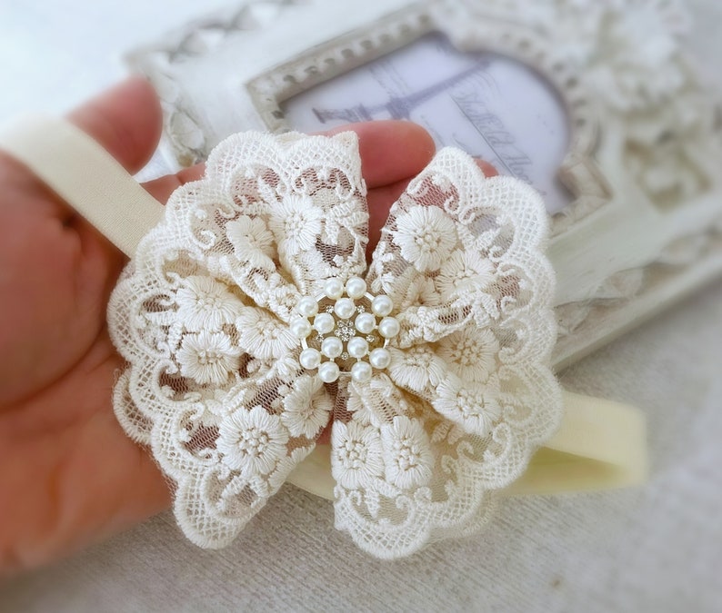 Baby Baptism Headband, Baby Lace Headband in Vintage Ivory, Baby Christening Headband with Lace Bow and Pearls, Baby Gift image 9