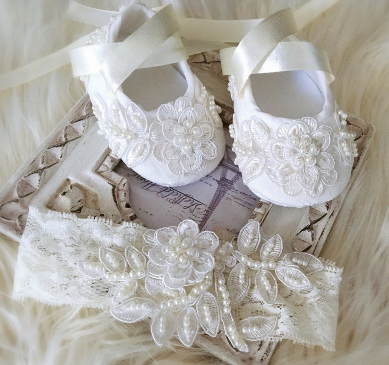 Girl Ivory Christening Baptism Shoes Lace Headband with Etsy