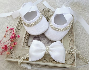 Baby Christening Shoes in PURE WHITE Baby Baptism Shoes with Pearls and Rhinestones, Satin Bow Headband with Pearls, Baby Shower Gift