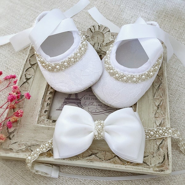 Baby Christening Shoes in PURE WHITE Baby Baptism Shoes with Pearls and Rhinestones, Satin Bow Headband with Pearls, Baby Shower Gift