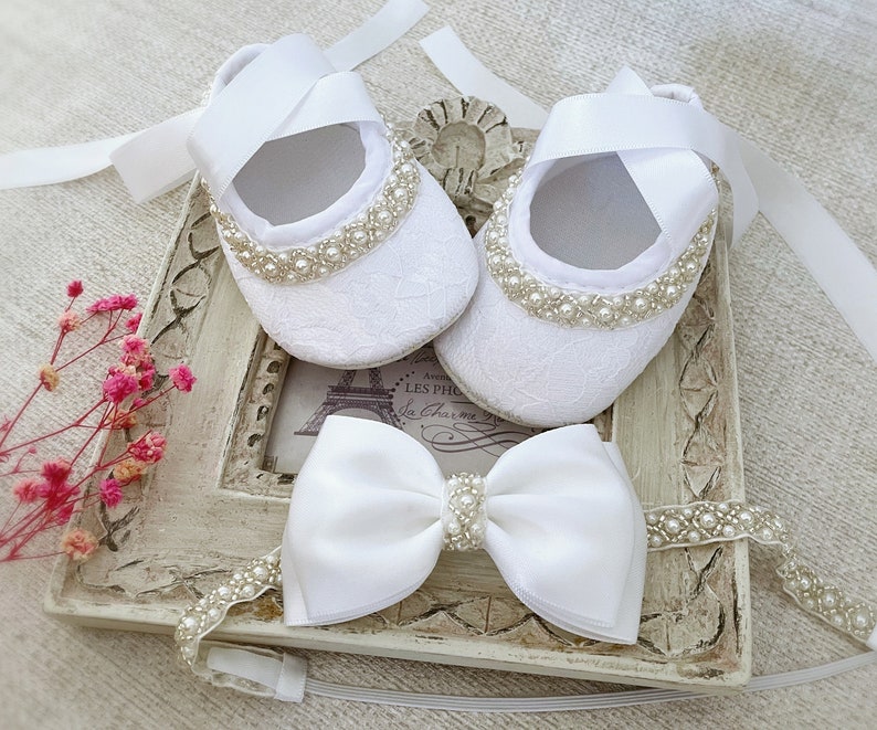 Baby Christening Shoes in PURE WHITE Baby Baptism Shoes with Pearls and Rhinestones, Satin Bow Headband with Pearls, Baby Shower Gift image 1