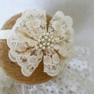 Baby Baptism Headband, Baby Lace Headband in Vintage Ivory, Baby Christening Headband with Lace Bow and Pearls, Baby Gift image 10