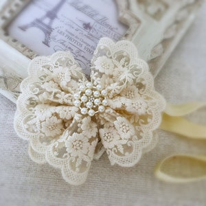 Baby Baptism Headband, Baby Lace Headband in Vintage Ivory, Baby Christening Headband with Lace Bow and Pearls, Baby Gift image 7