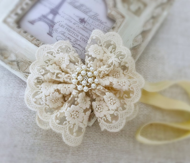 Baby Baptism Headband, Baby Lace Headband in Vintage Ivory, Baby Christening Headband with Lace Bow and Pearls, Baby Gift image 7