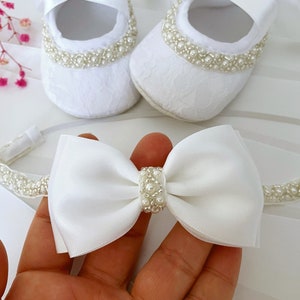 Baby Christening Shoes in PURE WHITE Baby Baptism Shoes with Pearls and Rhinestones, Satin Bow Headband with Pearls, Baby Shower Gift image 5