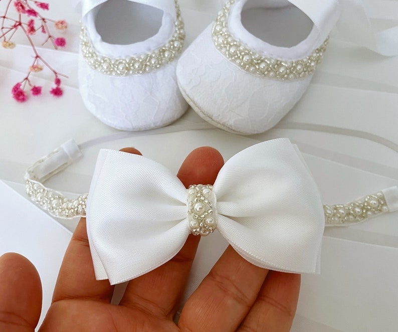 Baby Christening Shoes in PURE WHITE Baby Baptism Shoes with Pearls and Rhinestones, Satin Bow Headband with Pearls, Baby Shower Gift image 5