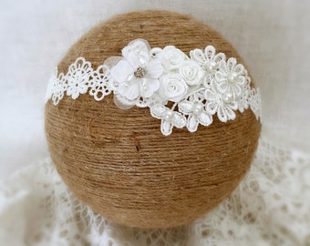 Baby Baptism Lace Headband in Off White, Baby Christening Headband, Lace Daisy Flowers, Pearls, Satin Roses Headband, Wedding Headband