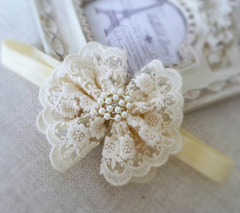 Baby Baptism Headband, Baby Lace Headband in Vintage Ivory, Baby Christening Headband with Lace Bow and Pearls, Baby Gift image 8