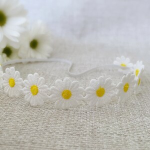 Baby Daisy Flower Headband, Baptism Headband with Flowers, Baby Christening Headband, Crochet Daisy Flowers, Summer Headband, Flower Girl image 5