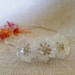 Baby Baptism Headband with Sequins Flower in Off White, Baby Christening Headband, Sparkly Flower Headband Wedding Headbnad Flower Girl Band image 8