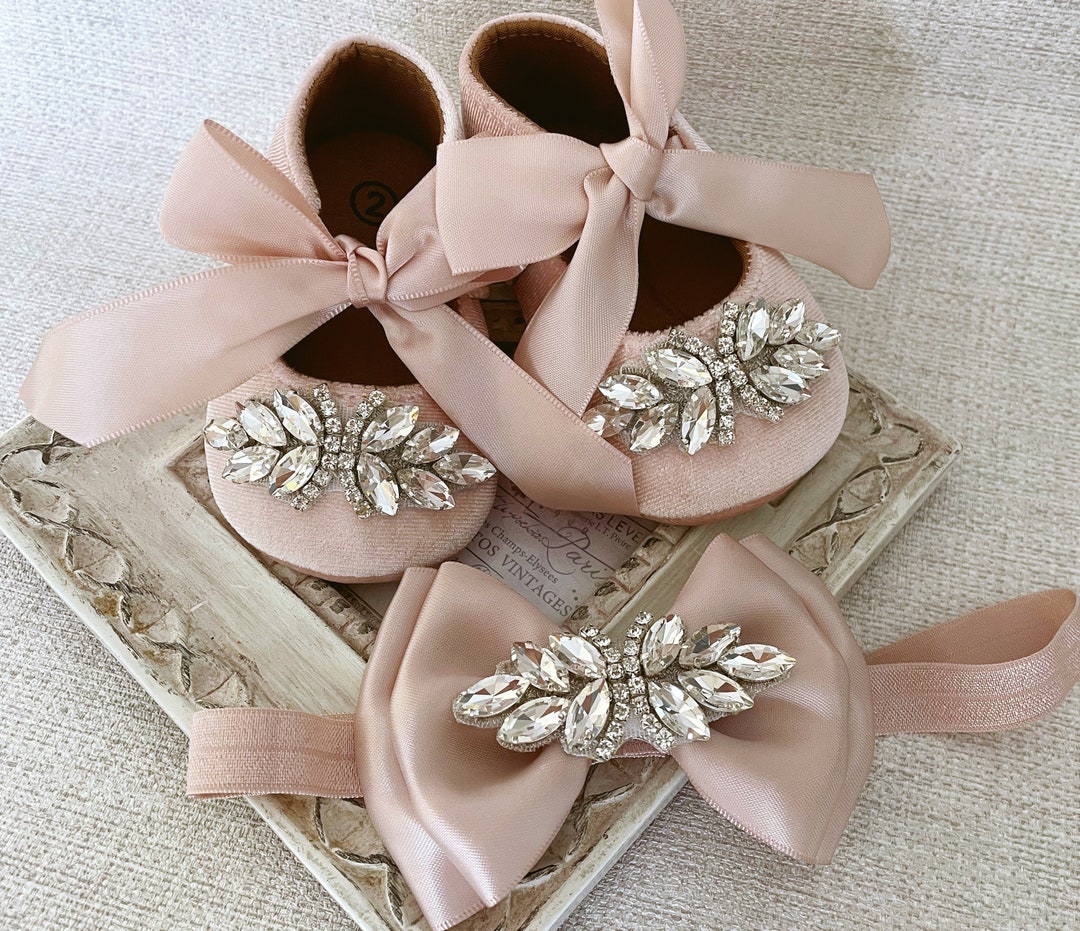 Pink Baby Girl Shoes With Headband, Dusty Pink Shoes, Girl Velvet Shoes