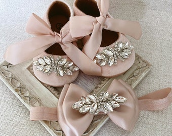 Chaussures bébé fille roses avec bandeau, chaussures vieux rose, chaussures en velours pour fille, chaussures 1er anniversaire, chaussures de mariage, cadeau baby shower