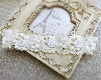 Baptism Baby Headband in Off White, Christening Headband, Lace Headband, Crochet Headband with Daisy Flowers, Pearls, Satin Roses