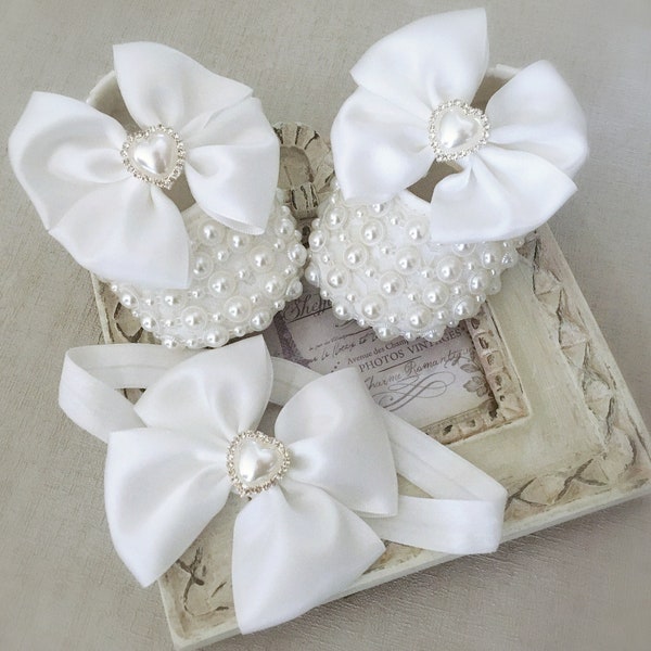 Girl Christening Shoes Baptism Shoes with Pearls in Off White, Satin Bows with Rhinestones Heart, Bow Headband Set