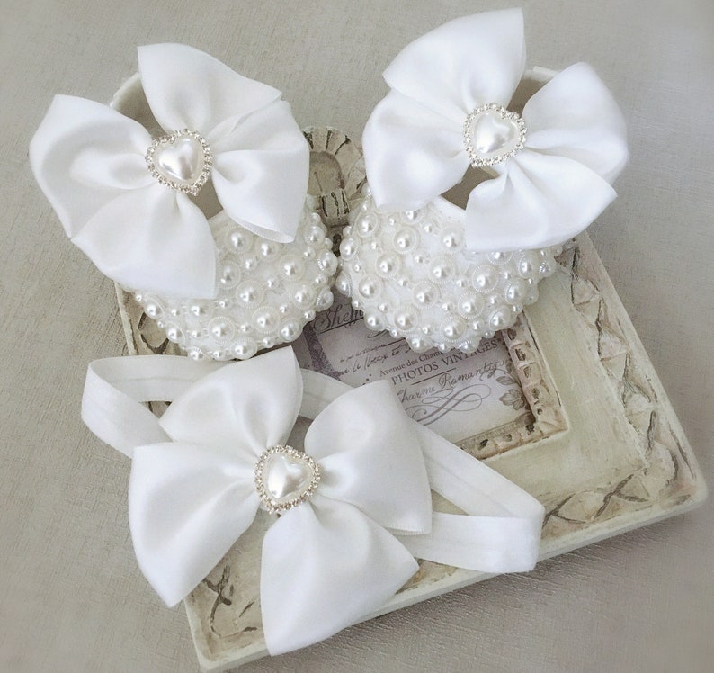 Girl Christening Shoes Baptism Shoes with Pearls in Off White, Satin Bows with Rhinestones Heart, Bow Headband Set image 1