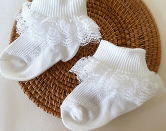 Girl Christening Socks in Off White/Ivory, Ruffle Socks, Baptism Socks, Ankle Socks, Newborn Socks