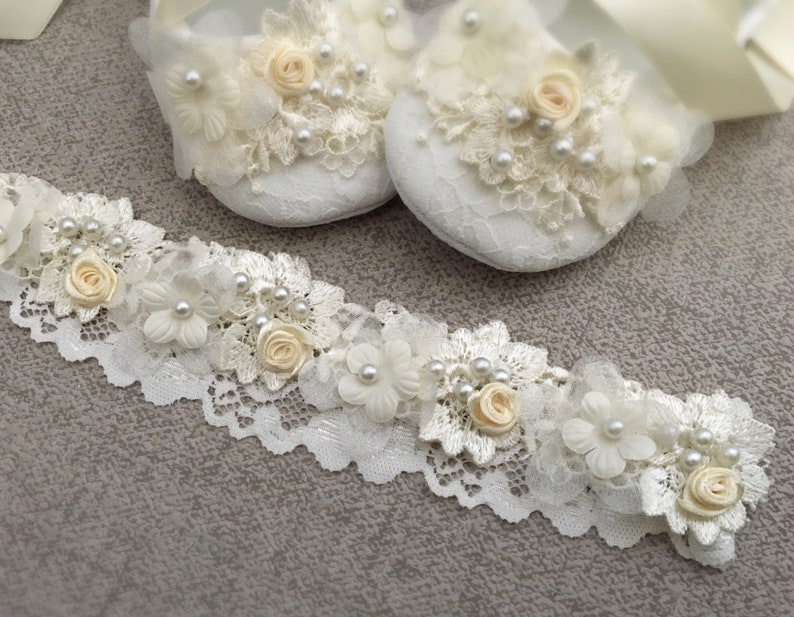 Girl Baptism Shoes, Girl Christening Shoes in Ivory, Crochet Leaves, Daisy Flower, Pearls, Lace Baptism Headband, Baby Shower Gift image 3