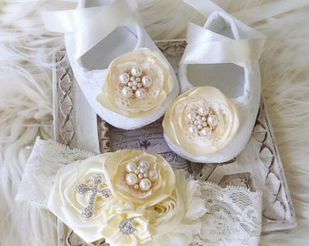 Girl Ivory Baptism Shoes, Christening Shoes, Sparkly Rhinestones Pearls Lace Headband Satin Flower Rhinestones Cross Set