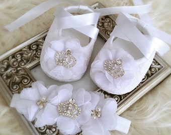 Girl White Christening Shoes, Baby Baptism Shoes and Headband with Pearls Crown and Chiffon Flowers, Baby Shower Gift, New Baby Gift