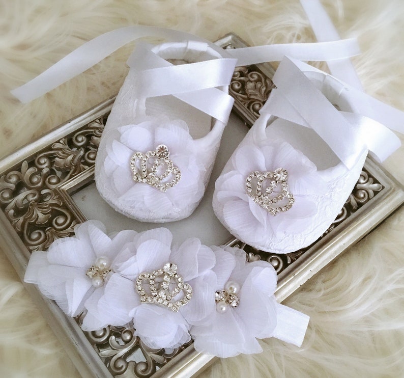 Baby Shower Gift Baby Baptism Shoes And Headband With Pearls Crown And Chiffon Flowers New Baby Gift Girl White Christening Shoes Shoes Girls Shoes Valresa Com