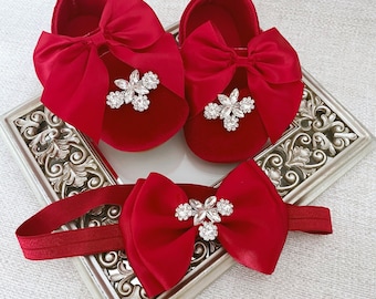 Chaussures de bébé en velours rouge de Noël avec diamants, chaussures de bébé en velours bordeaux et bandeau avec diamants, chaussures First Walker