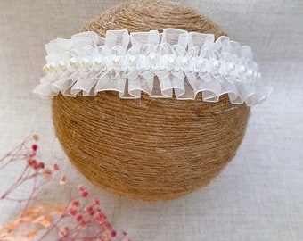 Bandeau de baptême en blanc cassé, bandeau à volants avec perles, bandeau de baptême, bandeau à froufrous, cadeau de naissance