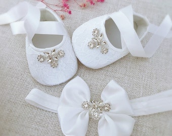 Zapatos de bautizo blancos con pedrería y diadema de satén, zapatos de bautismo, pedrería, lazo de satén con Rhinestobes, regalo de baby shower