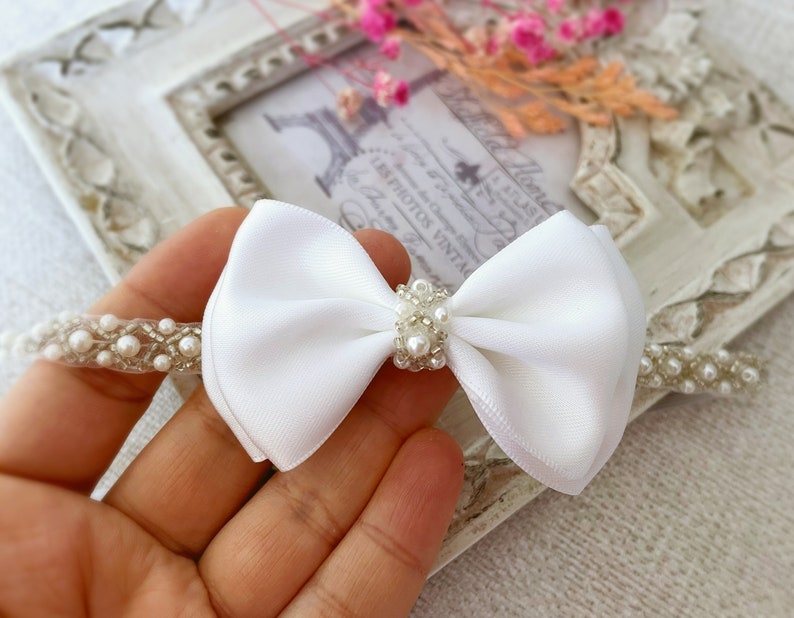 Baby Baptism Pearl Headband with Bow in WHITE, Baby Christening Headband with Satin Bow, Pearl Rhinestone Band, Newborn Headband, Baby Gift image 8