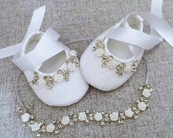 Girl White Baptism Shoes White Christening Shoes With Roses and Rhinestones Headband, Baby Baptism Set, Baby Shower Gift