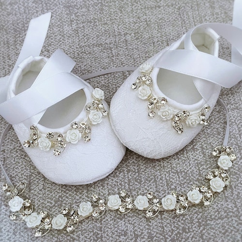 Baby Baptism Shoes in White With Rhinestones White Etsy UK