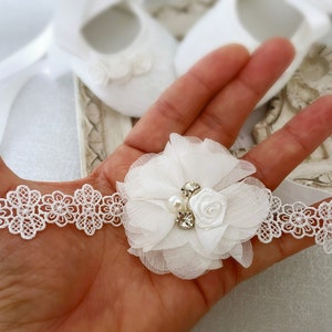 Girl Off White Christening Shoes, off White Baptism Shoes, Baptism Booties, Lace Headband with Chiffon Flower Pearls Satin Rose and Diamonds image 7