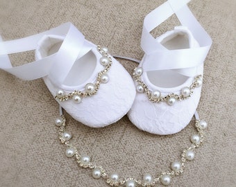Zapatos de bautismo para bebés en blanco, zapatos de bautizo, zapatos para bebés, pedrería y perlas, parpadeo, regalo de baby shower, set de bautismo