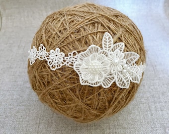 Baby Baptism Lace Headband in Off White, Baby Christening Headband, Lace Daisy Flower, Lace Leaves and Pearls