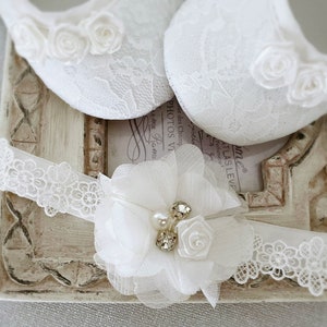 Girl Off White Christening Shoes, off White Baptism Shoes, Baptism Booties, Lace Headband with Chiffon Flower Pearls Satin Rose and Diamonds image 6