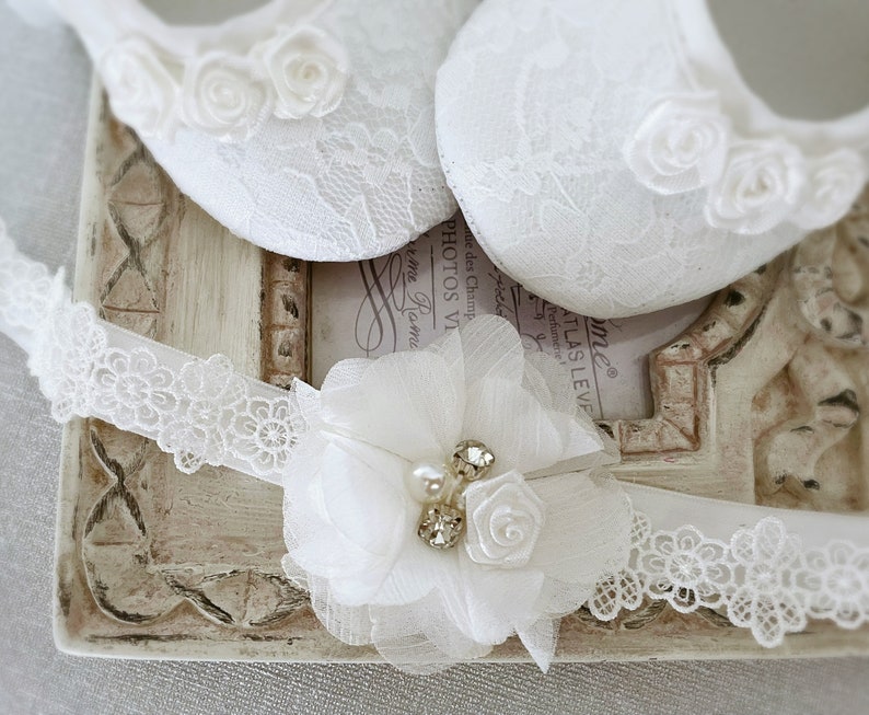 Girl Off White Christening Shoes, off White Baptism Shoes, Baptism Booties, Lace Headband with Chiffon Flower Pearls Satin Rose and Diamonds image 6