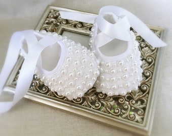 Girl White Baptism Shoes with Pearls, Girl Christening Shoes, Baby Shower Gift, Girl Wedding Shoes