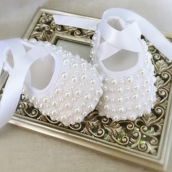 Girl White Baptism Shoes with Pearls, Girl Christening Shoes, Baby Shower Gift, Girl Wedding Shoes