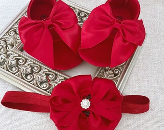 Christmas Red Velvet Baby Shoes with Diamonds, Burgundy Velvet Baby Shoes and Headband with Diamond, First Walker Shoes
