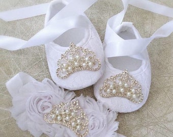 Girly Christening Baptism Shoes Rhinestones Pearls Crowns Shabby Flowers Headband Set