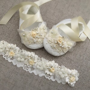 Girl Baptism Shoes, Girl Christening Shoes in Ivory, Crochet Leaves, Daisy Flower, Pearls, Lace Baptism Headband, Baby Shower Gift image 1