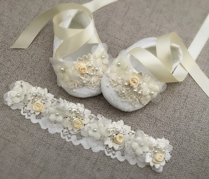 Girl Baptism Shoes, Girl Christening Shoes in Ivory, Crochet Leaves, Daisy Flower, Pearls, Lace Baptism Headband, Baby Shower Gift image 1