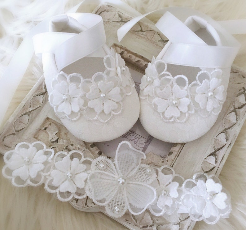 Girl Baptist Shoes in Off White, Christening Shoes, Daisy Flowers with Pearls, Christening Headband, Baby Shower Gift, Flower Girl Shoes image 1