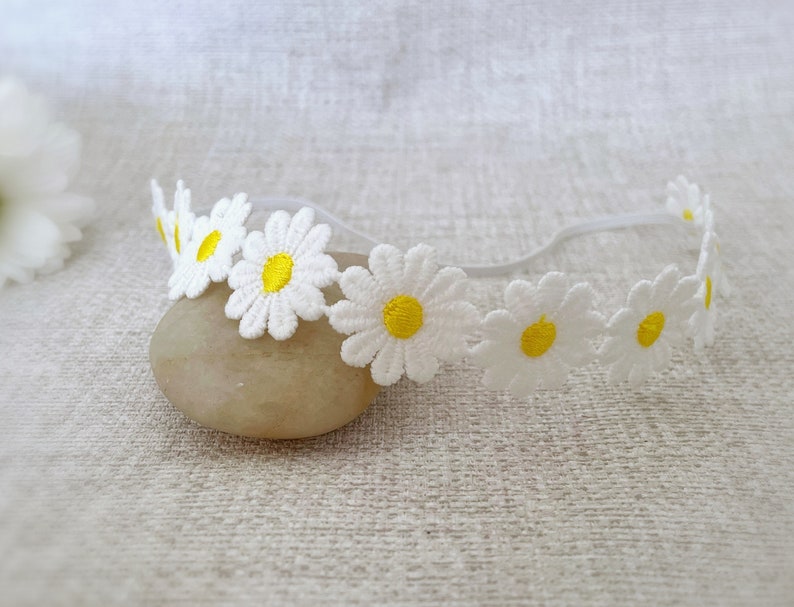 Baby Daisy Flower Headband, Baptism Headband with Flowers, Baby Christening Headband, Crochet Daisy Flowers, Summer Headband, Flower Girl image 7