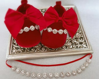 Zapatos de bebé de terciopelo rojo navideño con diadema de pedrería, zapatos de bebé de terciopelo burdeos con diamantes, zapatos de bebé de Navidad, zapatos de primer caminante