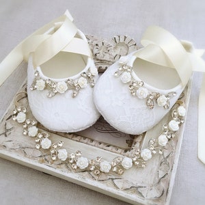 Girl Ivory Christening Baptism Shoes Ivory Flowers Rhinestones Headband Set