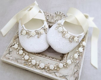 Girl Ivory Christening Baptism Shoes Ivory Flowers Rhinestones Headband Set