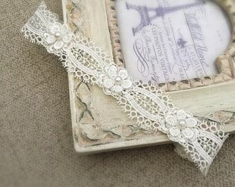 Baby Baptism Headband Lace Headband in Off White, Baby Christening Headband, Crochet Headband with Pearls and Daisy Flowers