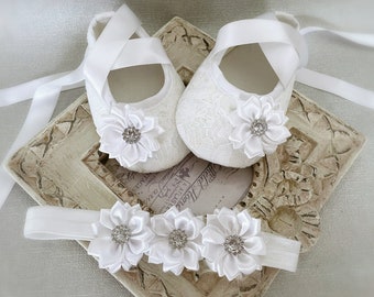 Girly Christening Baptism White Shoes Satin Flowers Rhinestones Headband Set