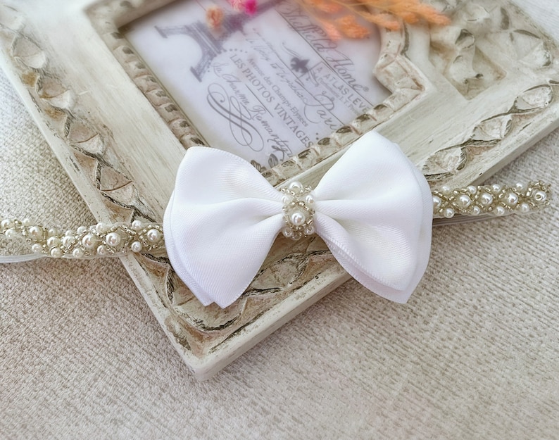 Baby Baptism Pearl Headband with Bow in WHITE, Baby Christening Headband with Satin Bow, Pearl Rhinestone Band, Newborn Headband, Baby Gift image 7